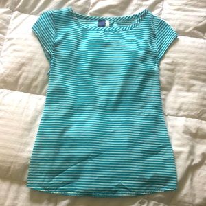 Striped Aqua and White Short Sleeved Blouse